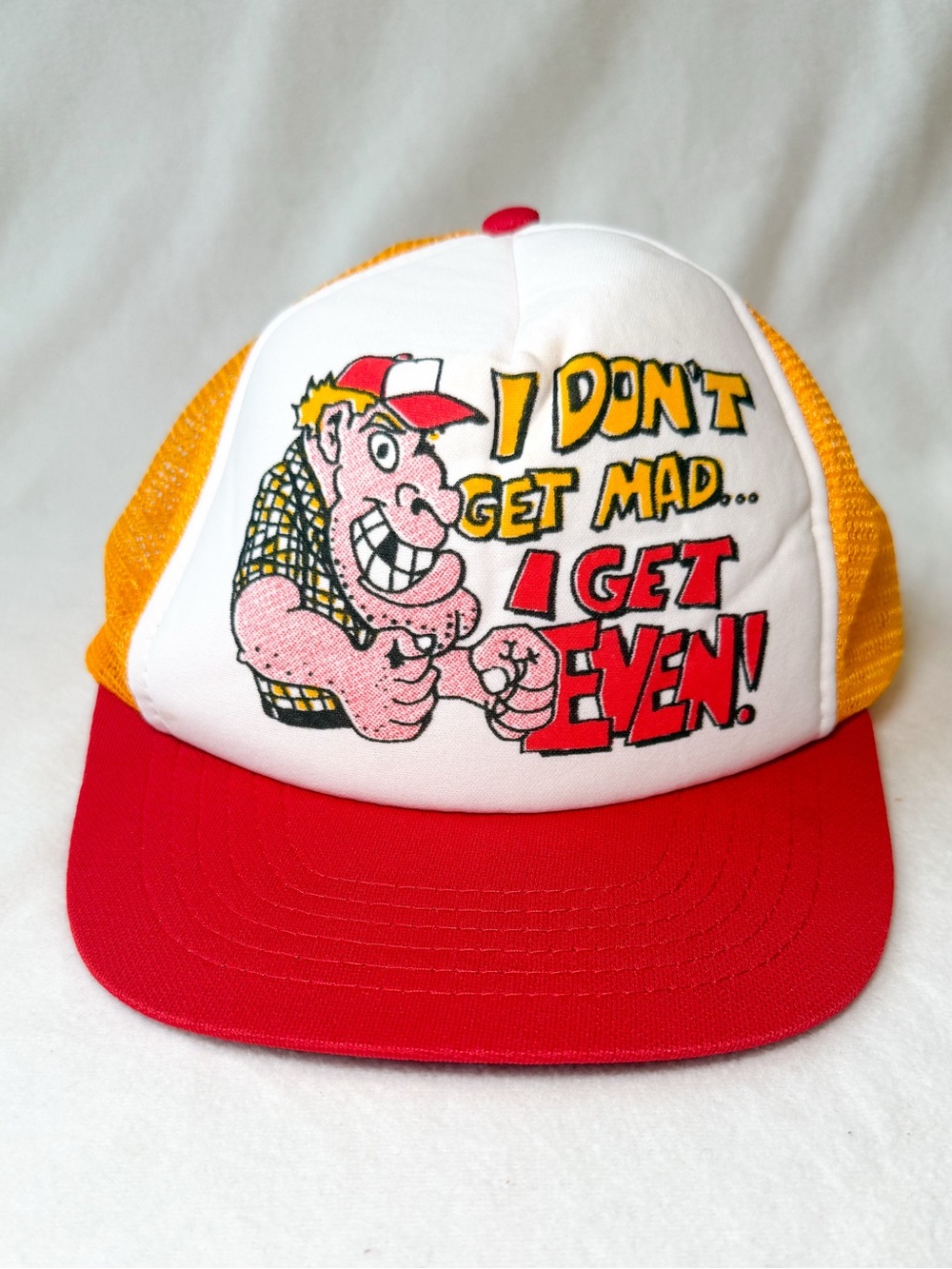 80s Yellow & Red Trucker Hat with Graphic Slogan - I Don’t Get Mad I Get Even